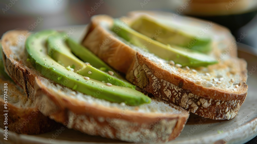 Bread and avocado slices in kitchen at home, close-up Bread and avocado slices in kitchen at home, close-up