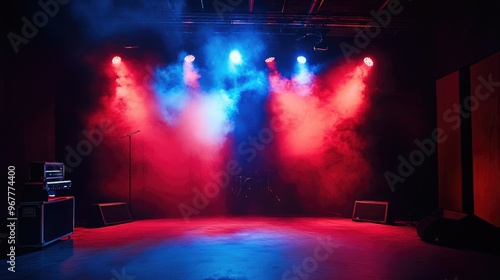 A live stage with powerful red and blue lighting, casting dramatic shadows and highlighting the intensity of the performance.