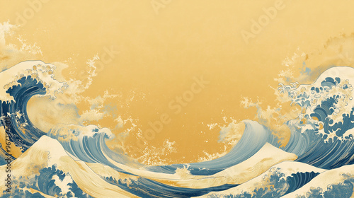 お正月の和風背景：金箔と金色の波が彩る日本海の情景・背景素材