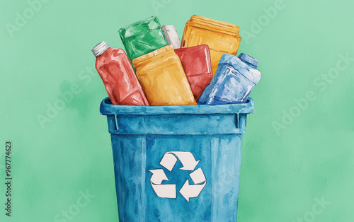 Colorful recycling bin filled with plastic bottles against a green background, promoting environmental sustainability and recycling awareness.