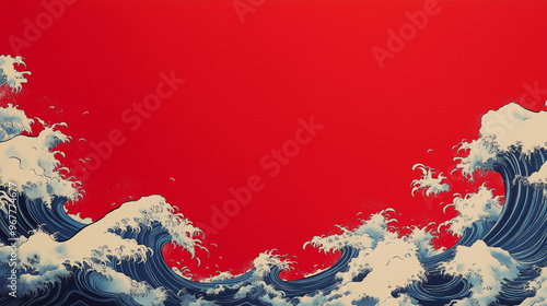 冬の日本海：赤背景に和風の波が踊るお正月