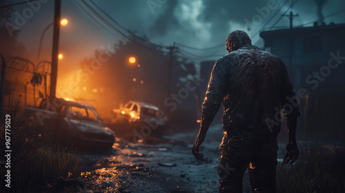 Wallpaper Mural An infected humanoid figure staggering through an abandoned city at night, its decayed skin glowing faintly under the flickering streetlights. Torontodigital.ca