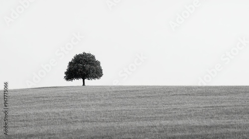 A solitary tree stands on a grassy hill in a minimalist black and white landscape.