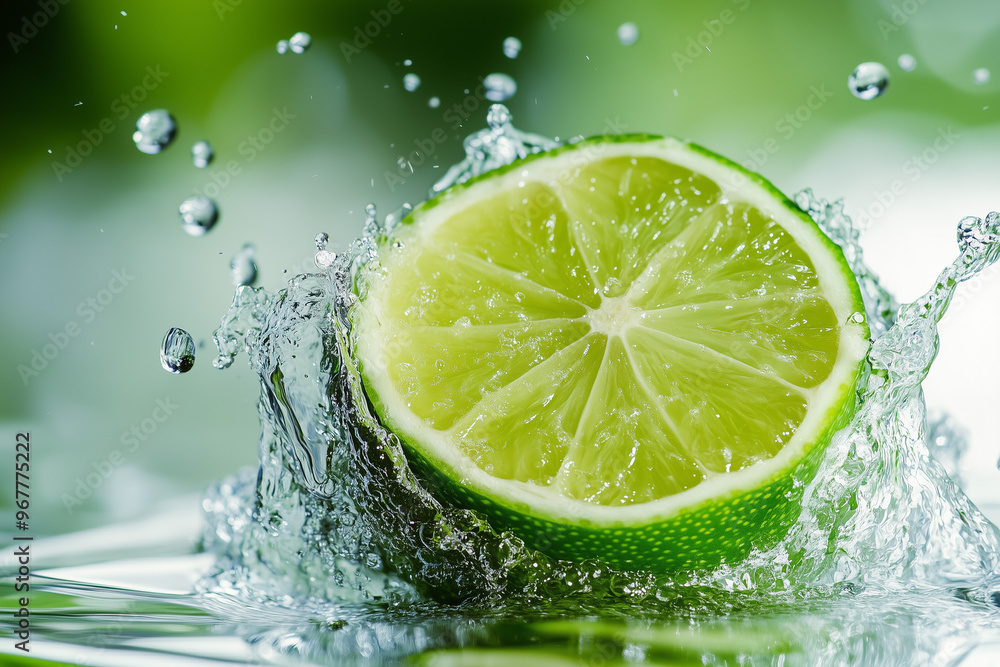 A fresh lime slice splashes into water, ideal for summer beverage promotions and healthy cooking designs. A fresh lime slice splashes into water, ideal for summer beverage promotions and healthy cooking designs.