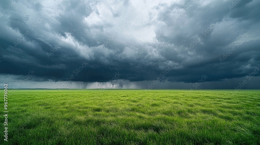 Fototapeta premium Torrential rainstorm over a green field, with dark storm clouds looming overhead.