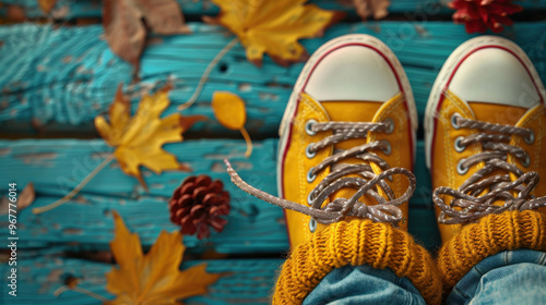 A pair of yellow shoes with turquoise  laces are standing on a wooden surface with lea photo