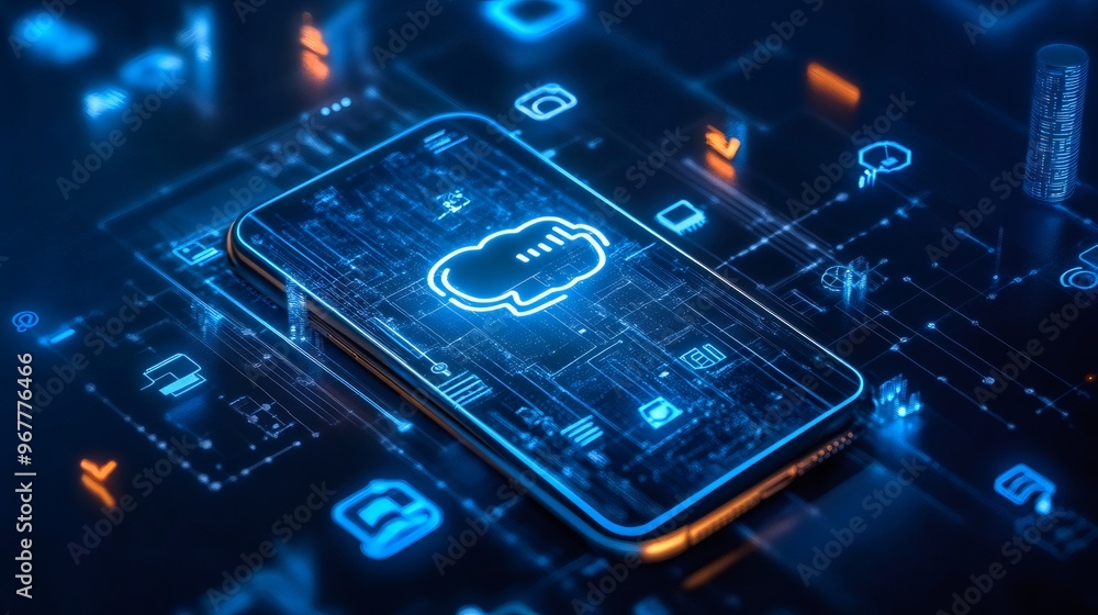 A smartphone with a glowing cloud icon on the screen surrounded by a futuristic digital network. A smartphone with a glowing cloud icon on the screen surrounded by a futuristic digital network.