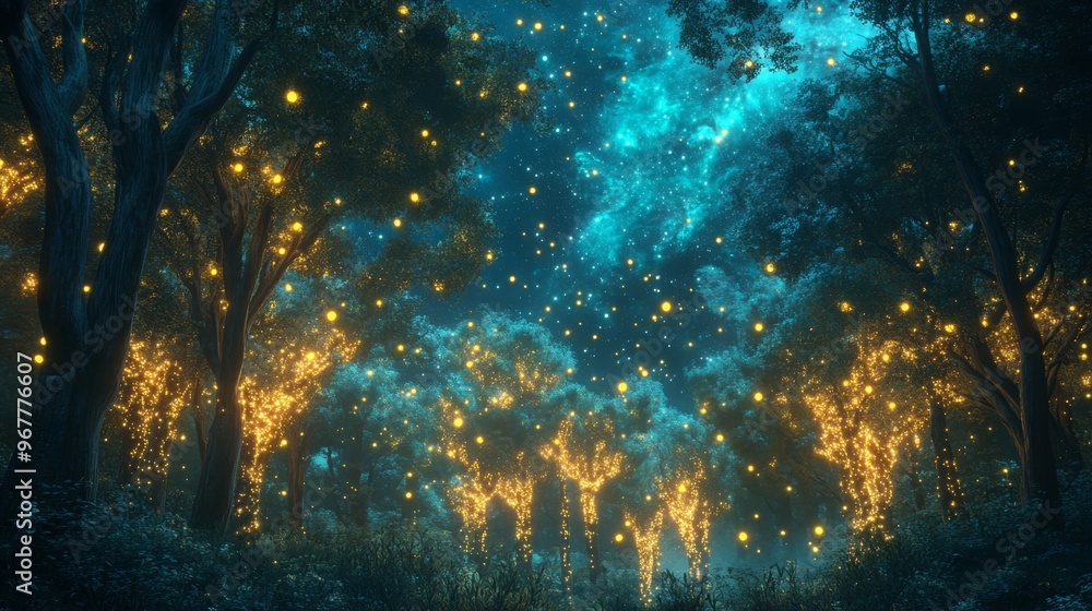 Magical Forest at Night with Glowing Lights and Stars Magical Forest at Night with Glowing Lights and Stars