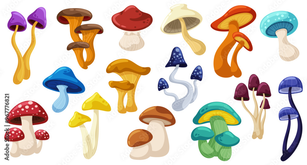 Set of edible and inedible wild mushrooms. Autumn forest raw ingredients. Cartoon illustrations. Set of edible and inedible wild mushrooms. Autumn forest raw ingredients. Cartoon illustrations.