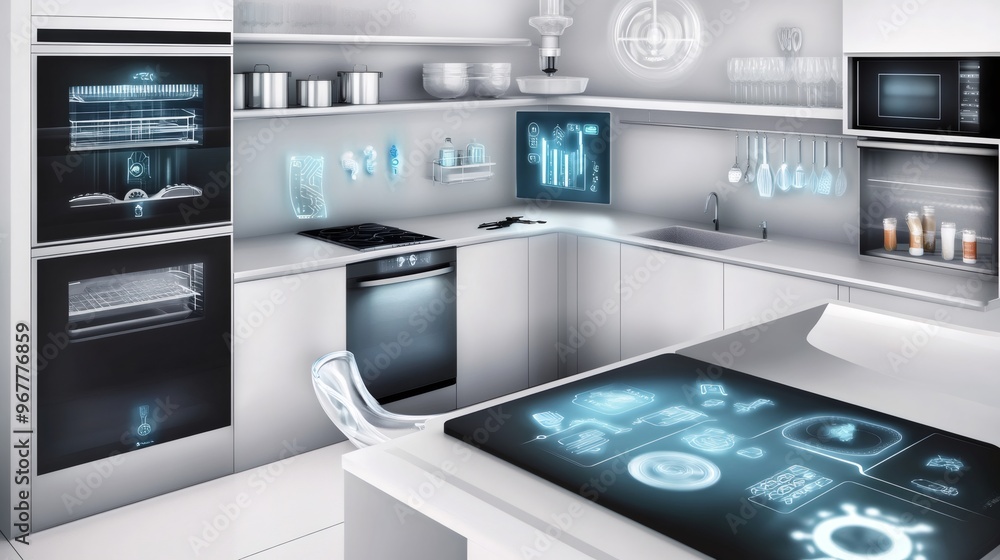 Modern kitchen with smart appliances and a digital interface on the countertop. Modern kitchen with smart appliances and a digital interface on the countertop.