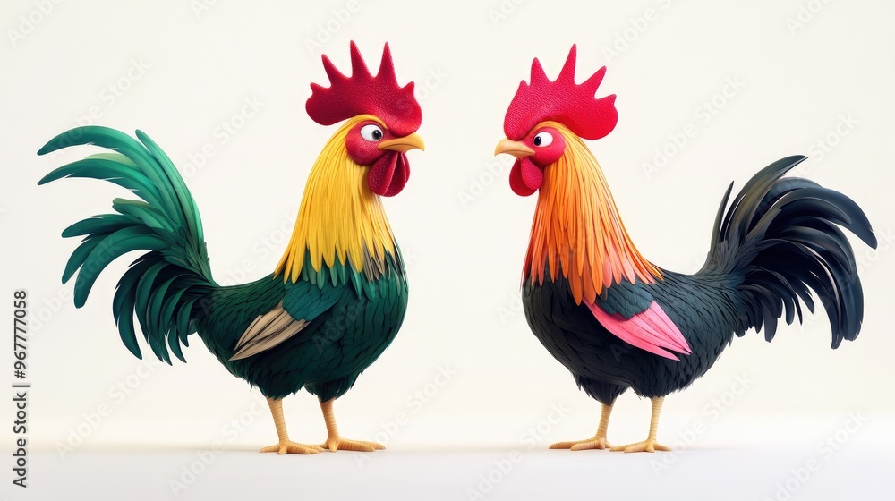 Fototapeta premium Two colorful animated roosters stand proudly against a simple white background, bold and vibrant.