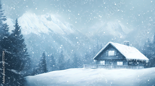 House in the mountains during a snowstorm. Snowstorm. Illustration