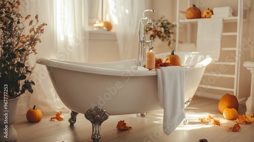 A white clawfoot bathtub with a pumpkin, towel, and candle in a bathroom with natural light. photo