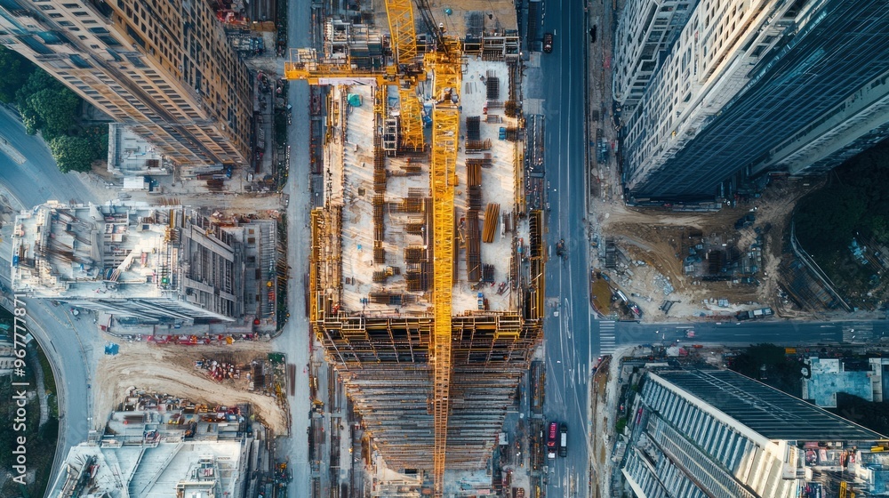 Aerial view of a construction site with cranes and buildings in progress. Aerial view of a construction site with cranes and buildings in progress.