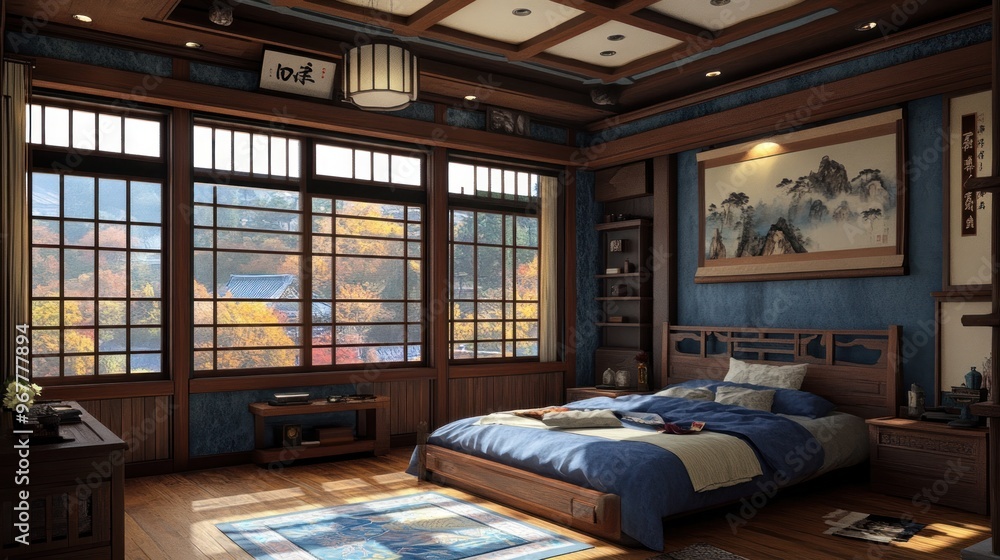 A traditional Japanese bedroom with a wooden bed, blue bedding, and a large window looking out onto a fall forest.