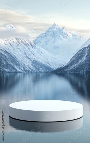 Circular platform against a stunning mountain range with lake reflections photo