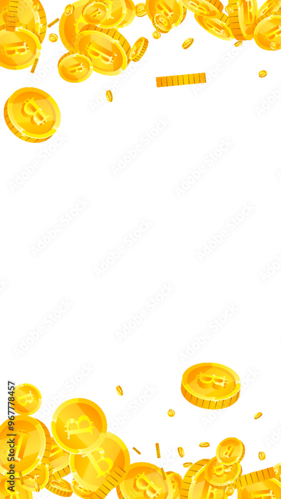 Bitcoin coins falling. Cryptocurrency scattered Bitcoin coins falling. Cryptocurrency scattered