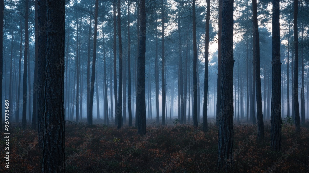 A misty forest scene with tall trees and a serene atmosphere. A misty forest scene with tall trees and a serene atmosphere.