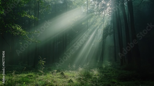 A serene forest scene with sunlight streaming through trees, creating a tranquil atmosphere.