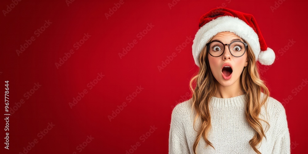 surprised young woman in sweater and santa hat on christmas holidays surprised young woman in sweater and santa hat on christmas holidays