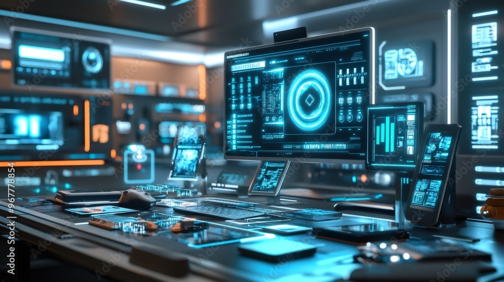 Futuristic computer workstation with multiple monitors displaying digital interfaces. Futuristic computer workstation with multiple monitors displaying digital interfaces.