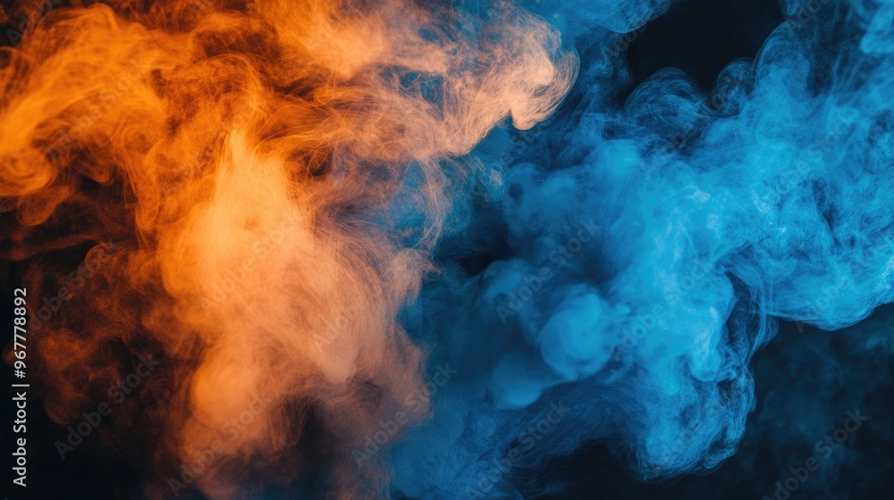 Vibrant orange and cool blue smoke mix, creating an energetic abstract clash of fire and ice. Vibrant orange and cool blue smoke mix, creating an energetic abstract clash of fire and ice.