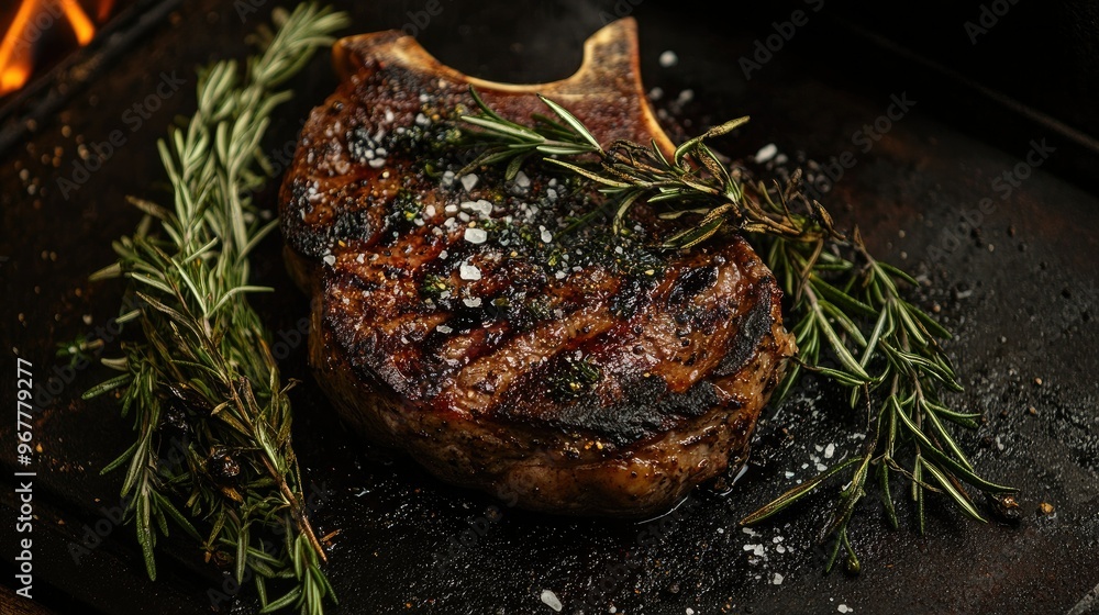 A beautifully charred steak resting on a bed of rosemary and thyme, with a drizzle of olive oil and a sprinkle of smoked salt. A beautifully charred steak resting on a bed of rosemary and thyme, with a drizzle of olive oil and a sprinkle of smoked salt.