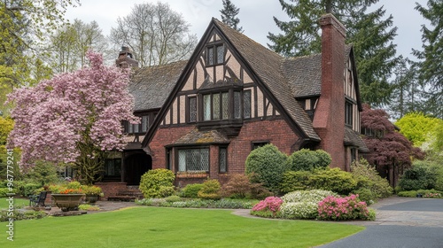 A charming brick Tudor style home with a manicured lawn, stone walkway, and vibrant landscaping.