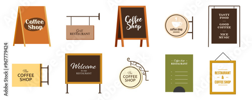 Signboard icon. Signboard icon set. Coffee shop and restaurant banner set. Vector