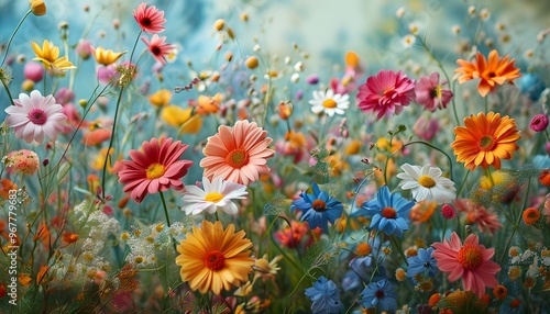 vibrant flower garden backdrop showcasing wildflowers and daisies in a stunning array of colors for an enchanting floral exhibition atmosphere