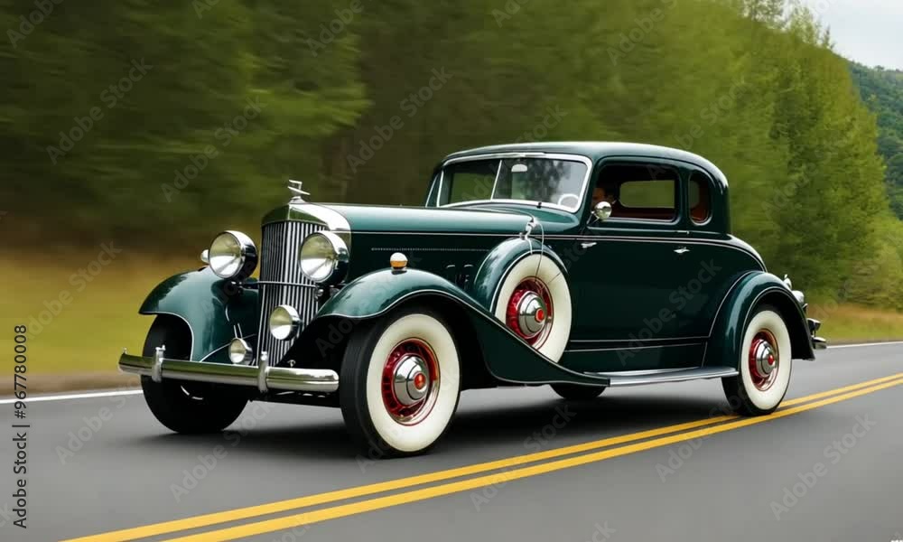 An ancient car is on an asphalt road in the hills An ancient car is on an asphalt road in the hills