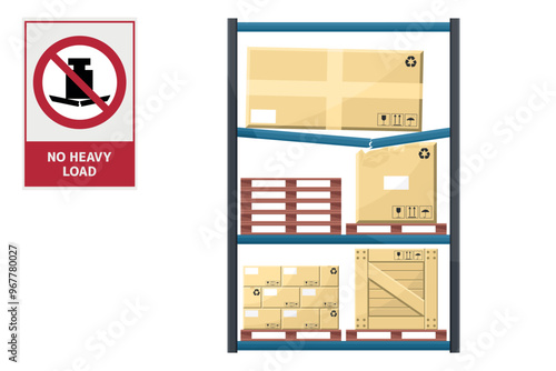 No heavy load. To prohibit the placing of heavy objects on a surface. Excess weight on a warehouse rack. Prohibited sign or pictogram. Do not exceed the permitted weight limit. Safety first
