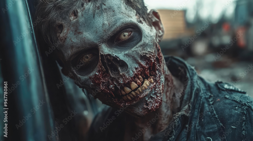Gory zombie face with half of the skull exposed, teeth broken and blood oozing from the gums. Its hollow, dead eyes are wide open, in front of a decayed urban setting. Gory zombie face with half of the skull exposed, teeth broken and blood oozing from the gums. Its hollow, dead eyes are wide open, in front of a decayed urban setting.