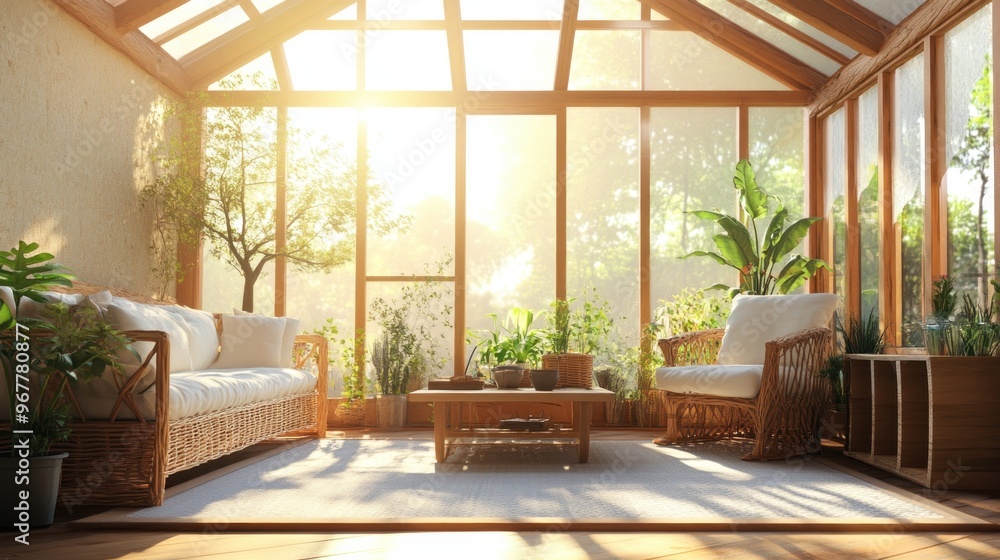 Sunlit living room with rattan furniture, a coffee table, and plants near a large window. Sunlit living room with rattan furniture, a coffee table, and plants near a large window.