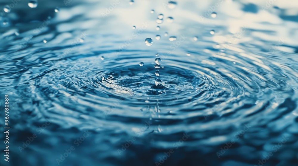 Water droplets creating ripples on a smooth, blue surface, evoking peace and calm. Water droplets creating ripples on a smooth, blue surface, evoking peace and calm.