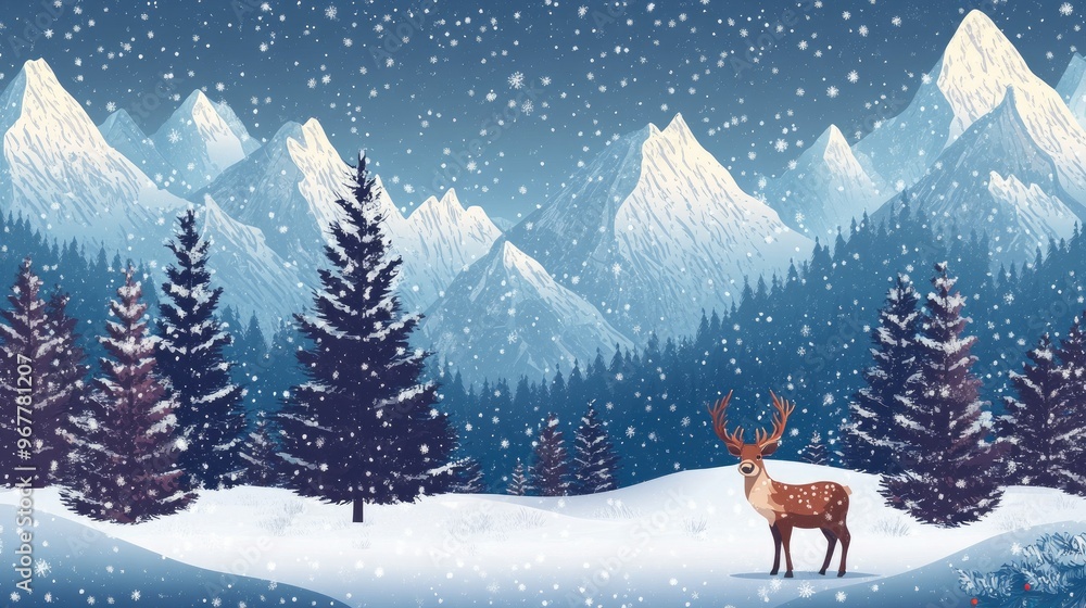 A seamless Christmas background with snow-capped mountains, fir trees, and reindeer, creating a cozy winter scene A seamless Christmas background with snow-capped mountains, fir trees, and reindeer, creating a cozy winter scene