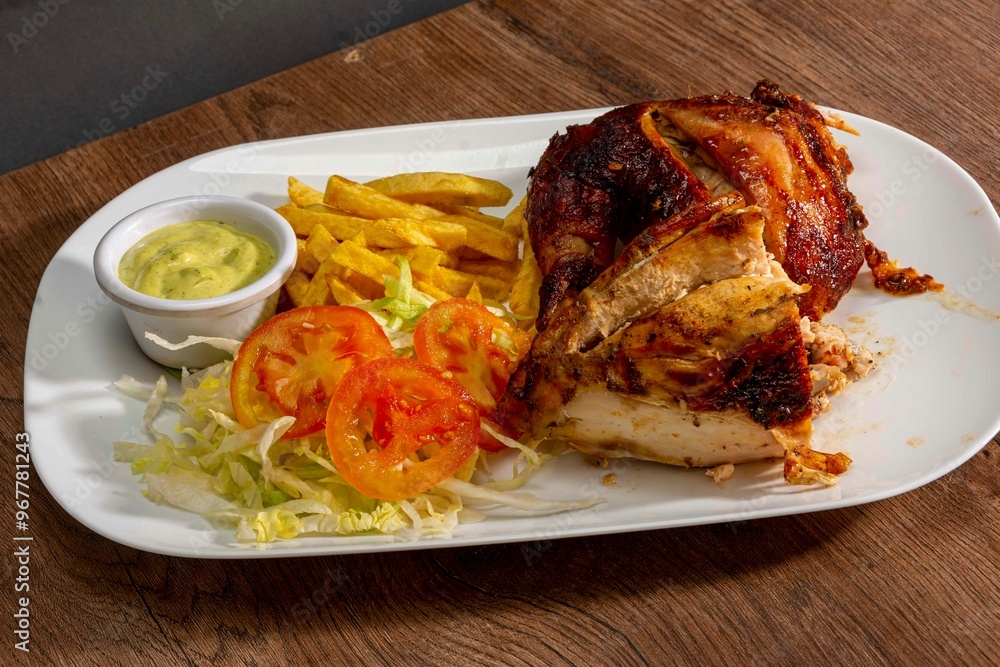 Deliciously charred and smoky Pollo a la Brasa (grilled chicken) served whole and in pieces, accompanied by crispy fries, fresh salad, and a flavorful dipping sauce. A classic Latin American dish, coo