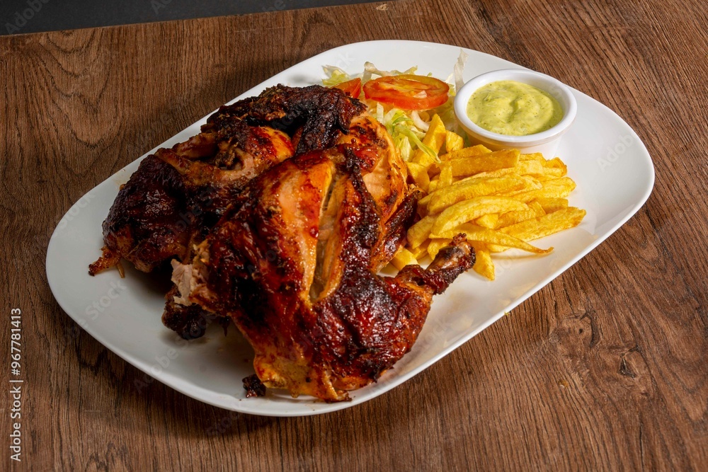 Deliciously charred and smoky Pollo a la Brasa (grilled chicken) served whole and in pieces, accompanied by crispy fries, fresh salad, and a flavorful dipping sauce. A classic Latin American dish, coo Deliciously charred and smoky Pollo a la Brasa (grilled chicken) served whole and in pieces, accompanied by crispy fries, fresh salad, and a flavorful dipping sauce. A classic Latin American dish, coo