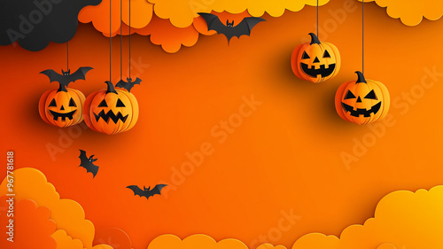 Orange banner or Halloween invitation background with carved pumpkins hanging from clouds, and bats, iVector illustration with copy space for text. photo