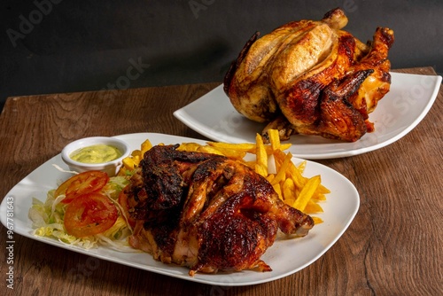 Deliciously charred and smoky Pollo a la Brasa (grilled chicken) served whole and in pieces, accompanied by crispy fries, fresh salad, and a flavorful dipping sauce. A classic Latin American dish, coo photo