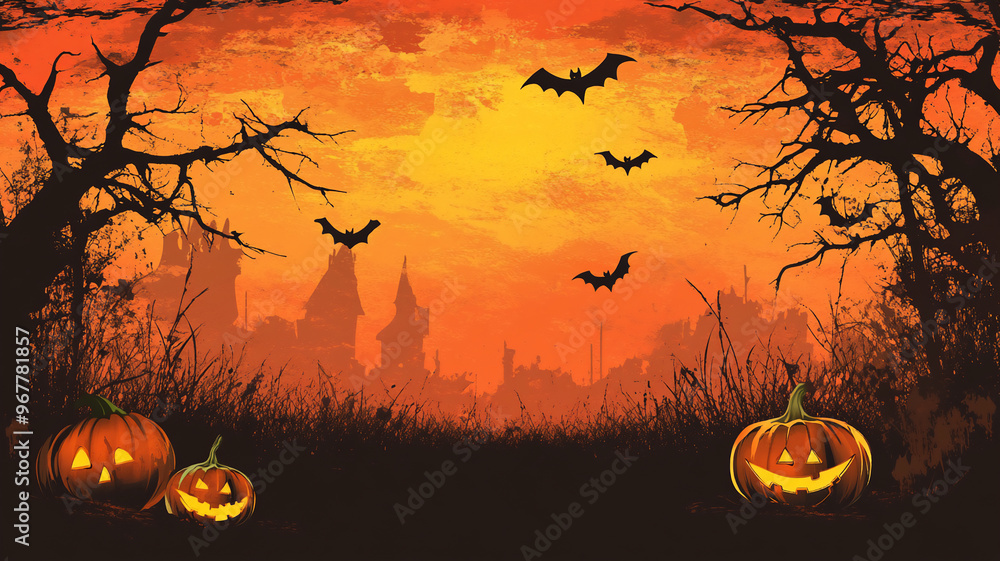 orange Halloween banner with dead trees and bats orange Halloween banner with dead trees and bats