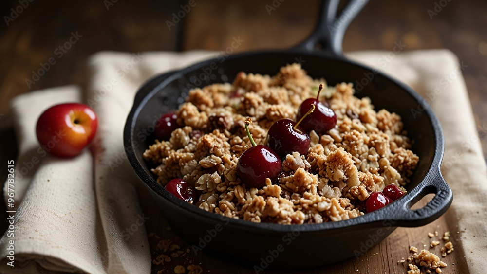Homemade Granola with Cherries in Cast Iron Skillet Homemade Granola with Cherries in Cast Iron Skillet