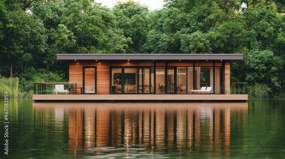 Modern wooden house on a lake with a forest background. Modern wooden house on a lake with a forest background.