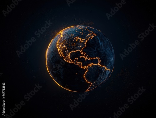 A stunning view of Earth illuminated by orange lines, representing global connectivity and advanced technology in dark space.