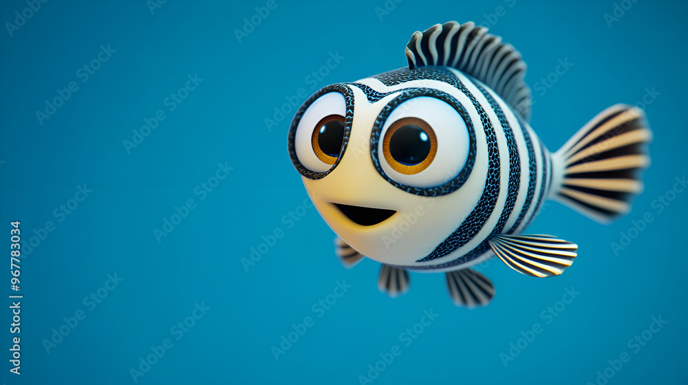 A striped fish with big eyes swims in a colorful and playful underwater world. Fun and unique sea life for kids content and animation. A striped fish with big eyes swims in a colorful and playful underwater world. Fun and unique sea life for kids content and animation.