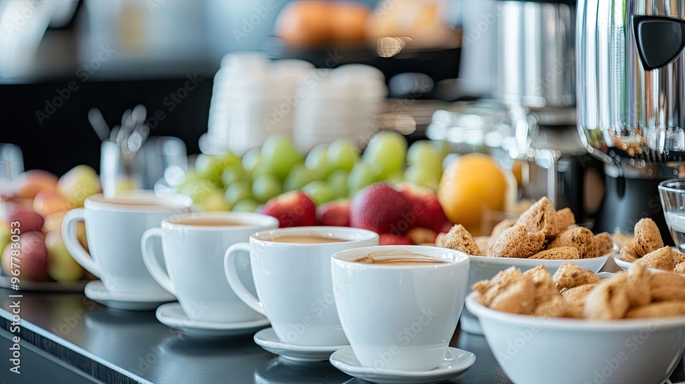 Close-up of coffee cups and snacks on a refreshment table, prepared for seminar breaks, organized and inviting Close-up of coffee cups and snacks on a refreshment table, prepared for seminar breaks, organized and inviting