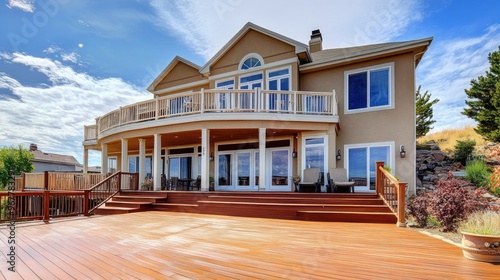 Large wooden deck with steps and a railing leading up to a house with a balcony.