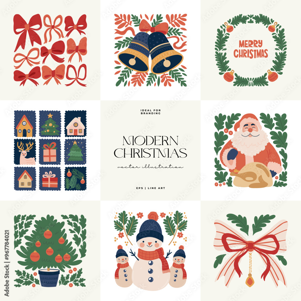 Fototapeta premium Merry Christmas and Happy New Year illustration. Modern trendy minimal style. Hand drawn design for wallpaper, wall decor, print, postcard, cover, template, banner.