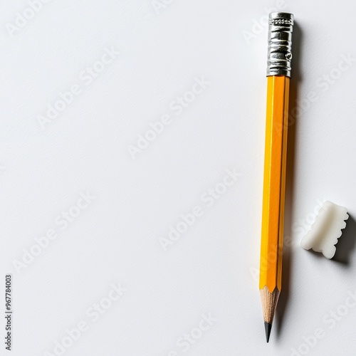 A pencil and an eraser lying on a blank sheet of paper photo