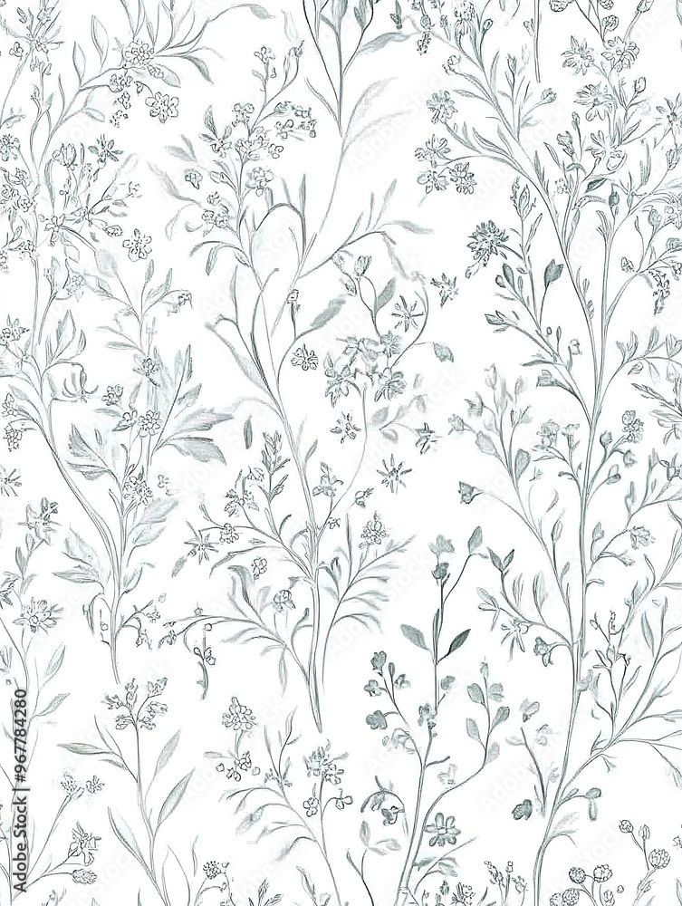 A seamless pattern of delicate wildflowers with intricate details in soft aqua A seamless pattern of delicate wildflowers with intricate details in soft aqua
